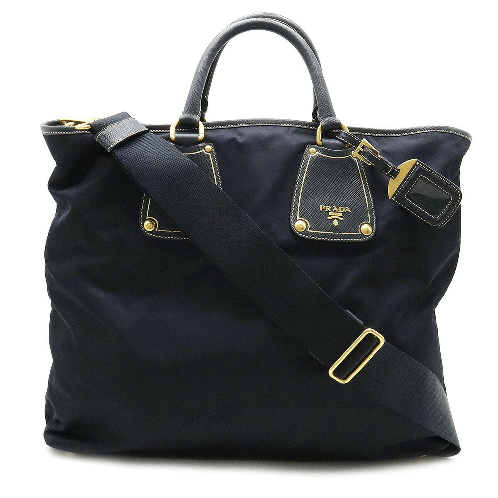 Prada Tote Tessuto Saffiano Bag Crossbody Leather Blue Navy Blue